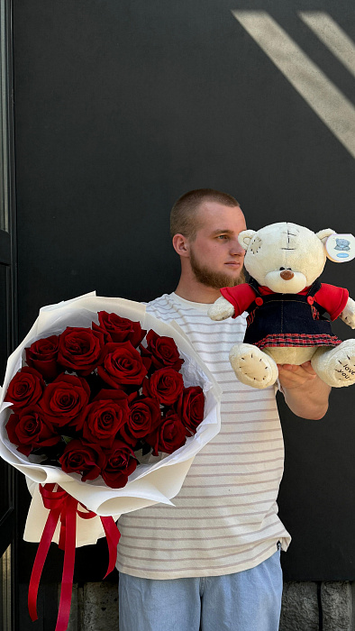 Комбо из 15 красных роз и мишки  - купить в Астане с доставкой