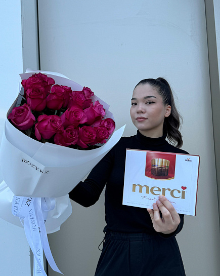 Комбо из 25 роз и Merci с доставкой по Астане